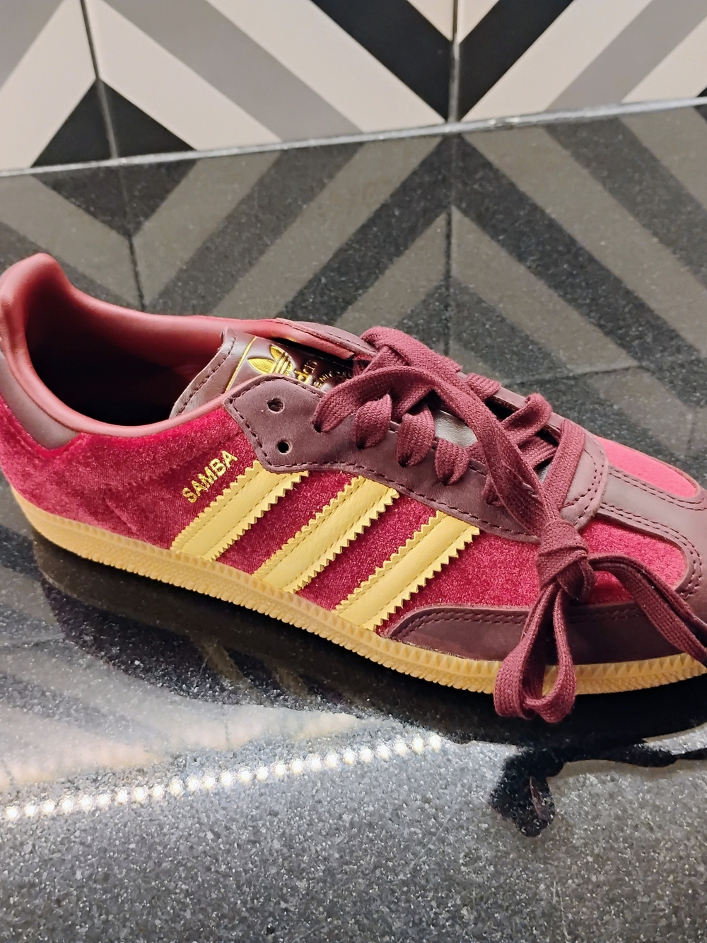 Limited Release...Adidas Samba Burgundy and Gold Velvet/Leather Sneakers - Picture 6 of 6